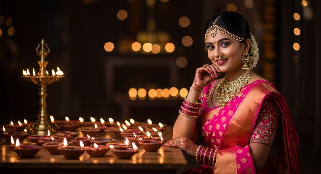 Graceful Indian woman surrounded by glowing diyas oil lamps