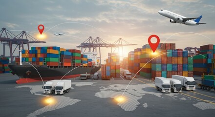 Global Logistics Network with Cargo Ship, Trucks, Airplane, and Digital Location Tracking System