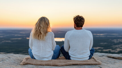Couple watching sunset from mountain viewpoint, enjoying serene moment together