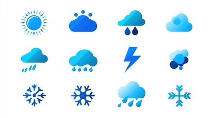 Obraz premium Weather icons, various blue shades, on white background. Flat design, simple shapes