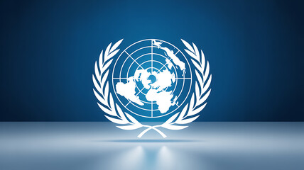 White emblem featuring a world map encircled by olive branches on a blue background
