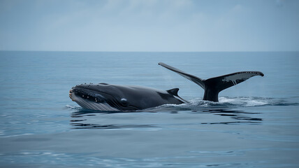 Fototapeta premium Humpback whale surfacing in calm ocean waters with visible tail fluke