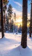 Sunlit winter forest scene, snow-covered ground, pine trees, and a setting sun