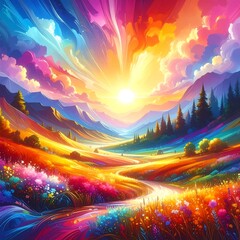 Vibrant sunrise over a colorful valley, path winding through wildflowers to distant mountains