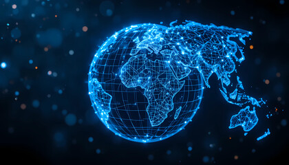 Digital rendering of earth with glowing blue lights, showcasing global connectivity and technological advancement