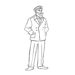 Hand-drawn line art illustration of a sea captain in uniform with a beard and cap. Nautical style drawing in minimalist 