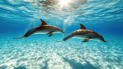 Obraz premium Dolphins swimming gracefully underwater with sunlight illuminating scene