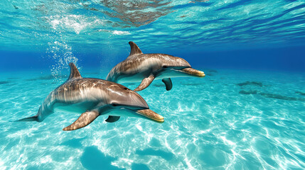 Fototapeta premium Dolphins swimming gracefully underwater, showcasing their playful nature in clear blue water