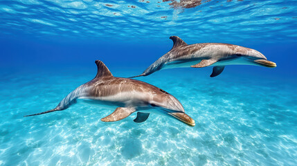 Fototapeta premium Dolphins swimming gracefully in clear blue water, showcasing their playful nature and beauty