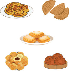 Vector art of an assortment of delicious and diverse traditional sweets, , showcasing a variety of textures and flavors in a delightful display