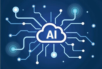 Illustration Depicting Artificial Intelligence Network with Cloud Computing Elements and Digital Connections Against a Blue Background
