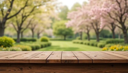 Vertical Wooden Table for Food or Product Display Over Blur Green Garden and Spring Park Background