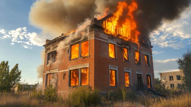 Abandoned brick house on fire

