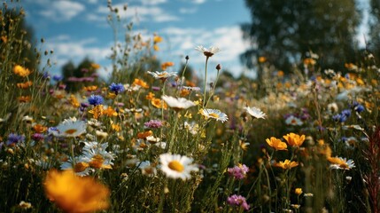 Obraz premium Vibrant Wildflower Field Under a Blue Sky - A Beautiful Spring Landscape