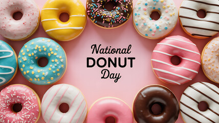 Colorful assortment of donuts arranged around text celebrating National Donut Day