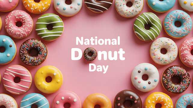 Colorful assortment of decorated donuts arranged on a pink background celebrating National Donut Day