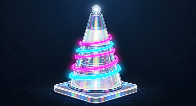 Glowing Cone Object with Neon Spiral Rings on Dark Background