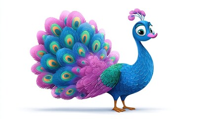 Cartoon peacock with bright colors and a friendly expression