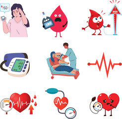 Vector art of various medical icons showcasing diabetes, blood pressure monitoring, and heart health, , offering a visual representation of healthcare