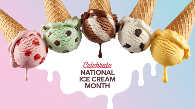 Five colorful ice cream cones with various flavors arranged in a row, celebrating National Ice Cream Month.