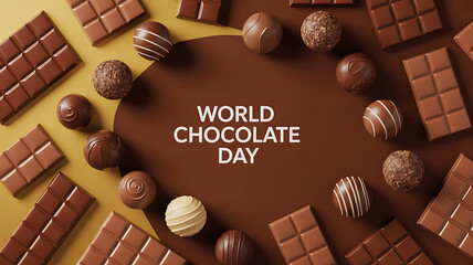 World Chocolate Day celebration with assorted chocolate candies and bars arranged in a circular pattern on a brown background