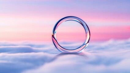 A transparent ring of water floats serenely on soft clouds against a pastel sunset sky