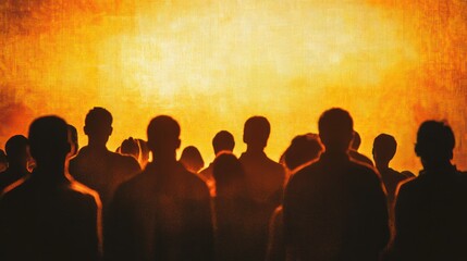 Silhouettes of a large crowd facing a fiery backdrop