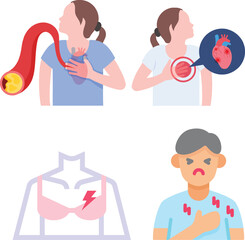 Vector art of illustration depicting various symptoms and signs of heart disease, includes chest pain, shortness of breath, and discomfort