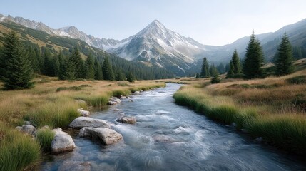 Cinematic Hdr Landscape of Mountain River Valley with Snowcapped Peaks Green Trees and Blue Sky Under Sunlight in Outdoor Scenic View