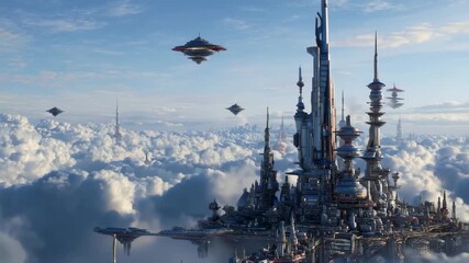 Fantasy futuristic city floating among clouds with towering spires and advanced technology under a bright blue sky filled with flying vehicles - Powered by Adobe