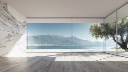 Fototapeta premium Modern Minimalist Interior with Lake View