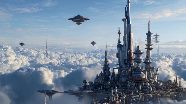 Fantasy futuristic city floating among clouds with towering spires and advanced technology under a bright blue sky filled with flying vehicles
