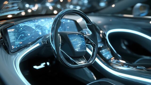 Futuristic car interior features sleek design and advanced technology highlighting the modern driving experience in an illuminated urban setting