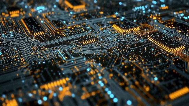 Abstract technology background showcasing a vibrant circuit board layout with illuminated components and intricate connections in a modern digital environment