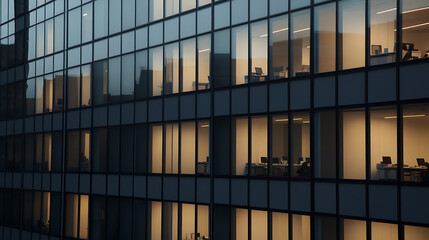Illuminated office building at dusk. Modern architecture with warm interior lights shining through large glass windows on each level, conveying a sense of business.