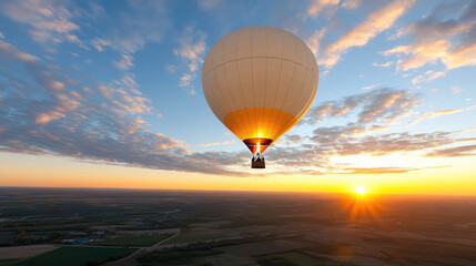 Obraz premium Hot air balloon floats gracefully in sky at sunrise, casting warm glow over landscape