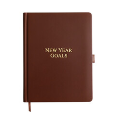 Brown leather notebook with new year goals isolated on transparent background