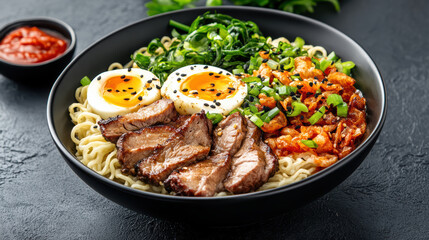Delicious ramen bowl with tender meat, soft boiled eggs, and fresh toppings