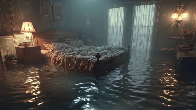 Surreal flooded bedroom with water covering the floor and eerie light creating an unsettling atmosphere in a deserted house