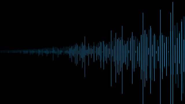 Dynamic blue audio waves animation showing rhythmic pulse of sound, for use of music videos, podcast visuals, sound engineering presentations, broadcast intros, or creative digital media projects.