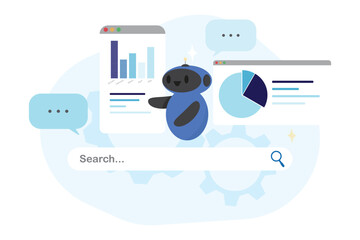 Friendly AI assistant robot for searching surrounded by floating business graphs, analytics dash board and digital charts concepts of artificial intelligence automation research and smart technology.