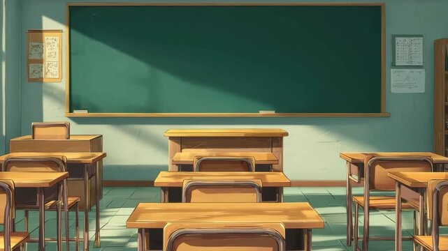 Empty classroom in animation showing desks, chalkboard, and sunlight filtering through windows during daytime
