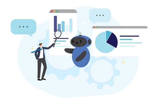 AI assistant robot summary data surrounded by floating business graphs, analytics dash board and digital charts concepts of businessman use artificial intelligence automation and smart technology.