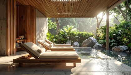 Tranquil patio scene with lounge chairs by a pool, nestled within lush tropical foliage and a wooden structure