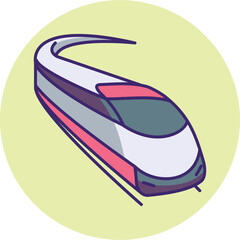 Vector art of a sleek and modern highspeed train gracefully curving on a light yellow circular backdrop, , symbolizing efficient travel
