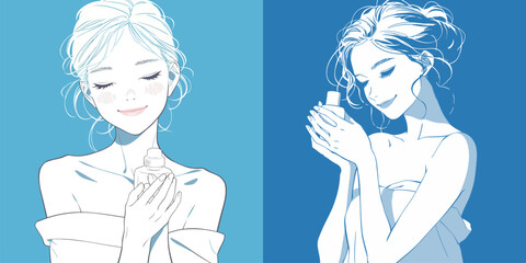 A woman with flowing hair gently holds a skincare bottle, displaying a peaceful smile against a vibrant blue backdrop. Her content expression conveys satisfaction and joy.