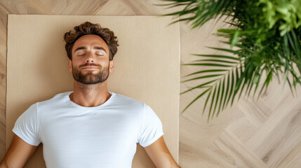 Relaxed man lying on yoga mat, practicing savasana pose, enjoying tranquility and peace