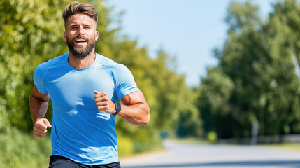 Fototapeta premium Active man running outdoors, smiling, enjoying fitness in nature