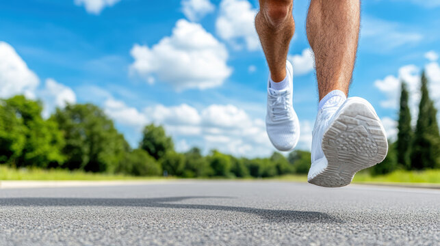 Running athlete on outdoor track with blue sky and clouds, showcasing determination and speed