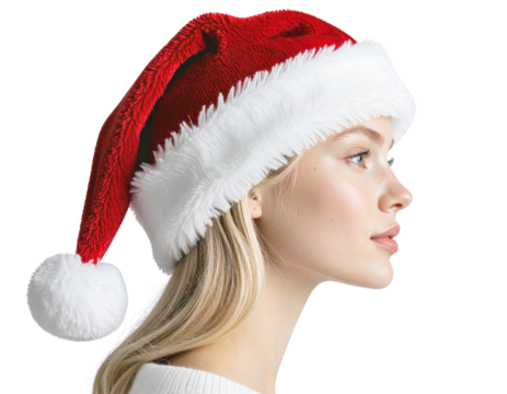 Side Profile of Person Wearing Red Santa Hat for Christmas, isolated on transparent background PNG